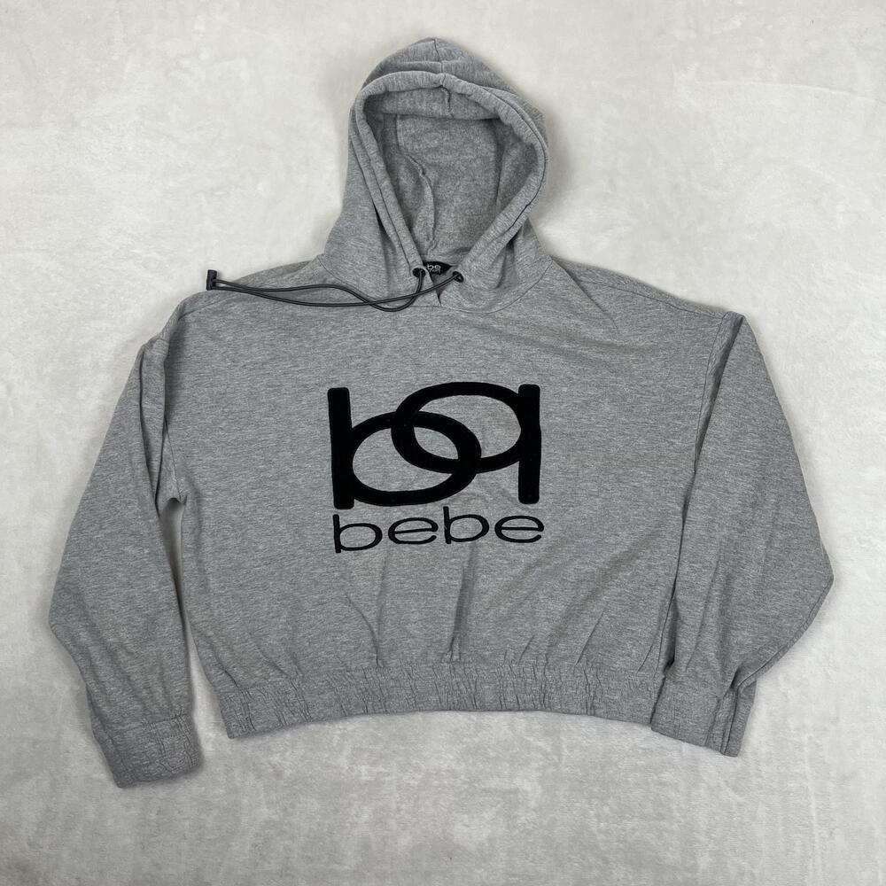 Bebe Sport Hoodie Sweatshirt Womens 1X Gray Cropped Logo Pullover Fleece Y2K